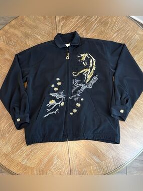 Vintage Mureli Black Embroidered Tiger Zip-Up Jacket with gold tone Accents